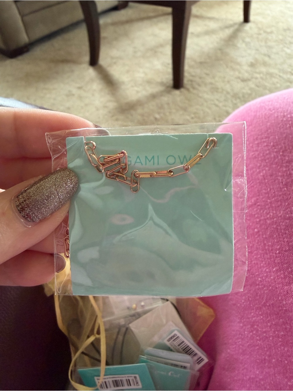 Rose Gold Paperclip Chain Necklace - Pink